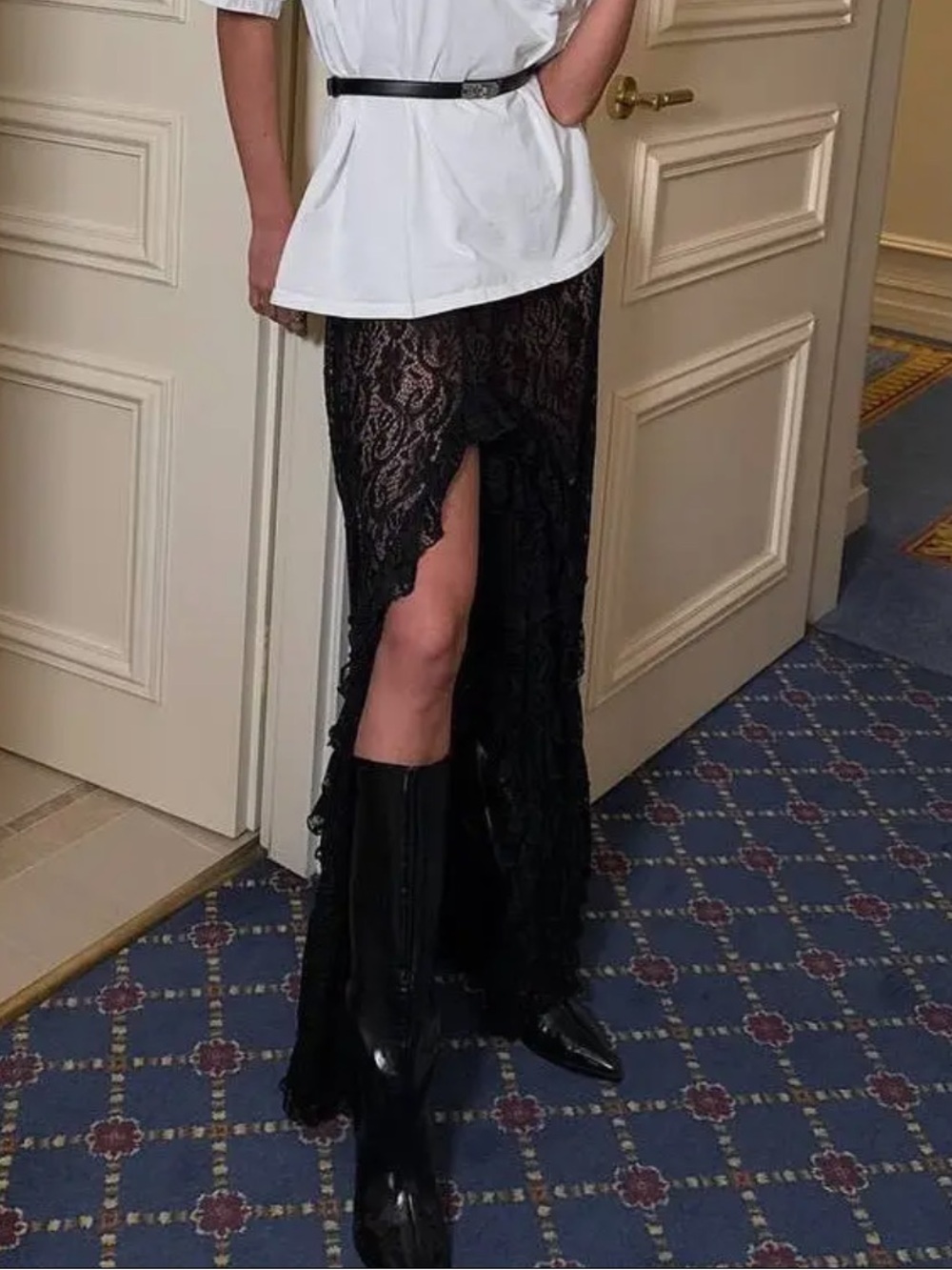 Black Lace High-Slit Maxi Skirt